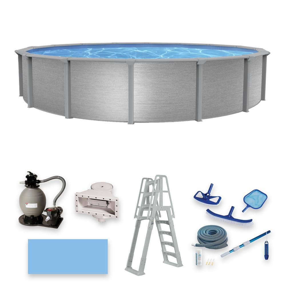 Blue Wave Montauk 18 ft. Round 52 in. Deep 7 in. Top Rail Hybrid Swimming Pool Package NB19836