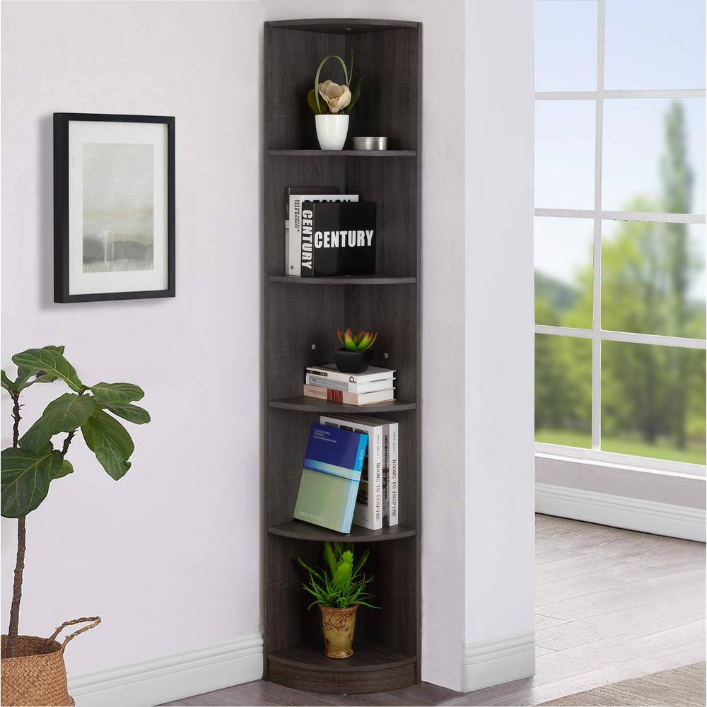 FC Design 70.75 in. Distressed Grey 5-Tier Corner Bookcase Display Storage Rack Wooden Shelving Unit for Living Room Home Office 99JET100-2121-4