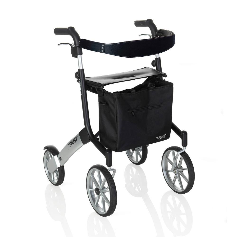 Stander Trust Care Let's Go Out 4-Wheel Lightweight Folding Rollator with Seat in Black and Silver 4600-BL