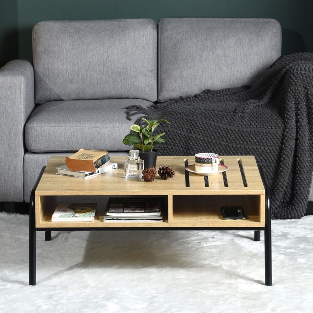 Homylin Aurora Scandi Boho Coffee Table with Open Storage   Natural Oak