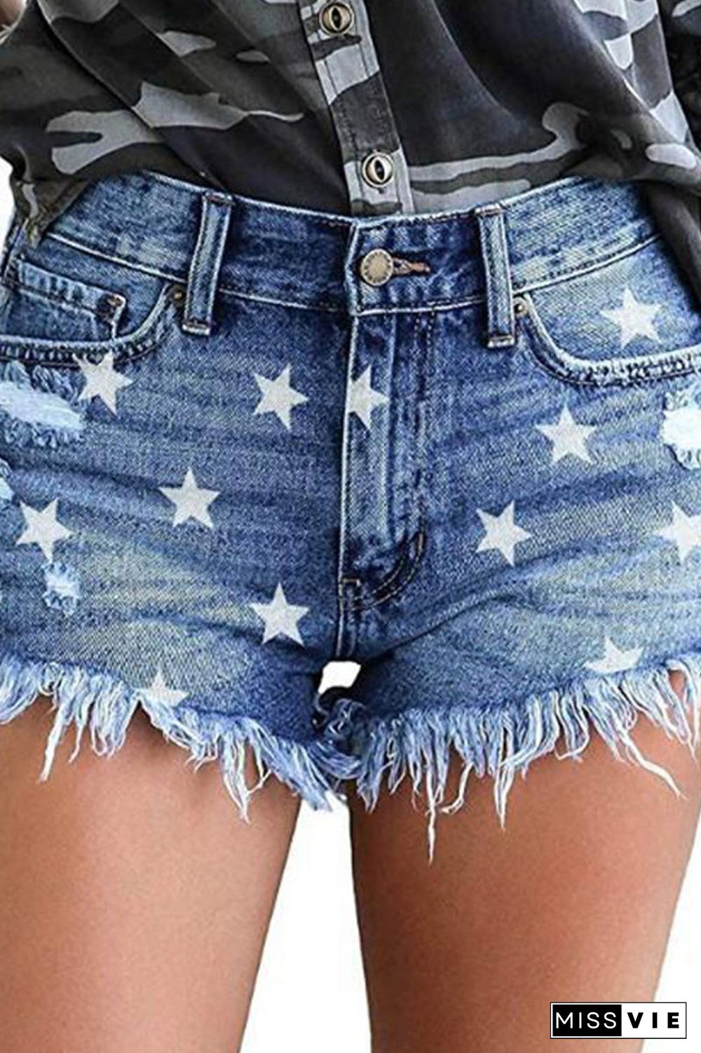 Star Printed Tassel Denim Hole Shorts