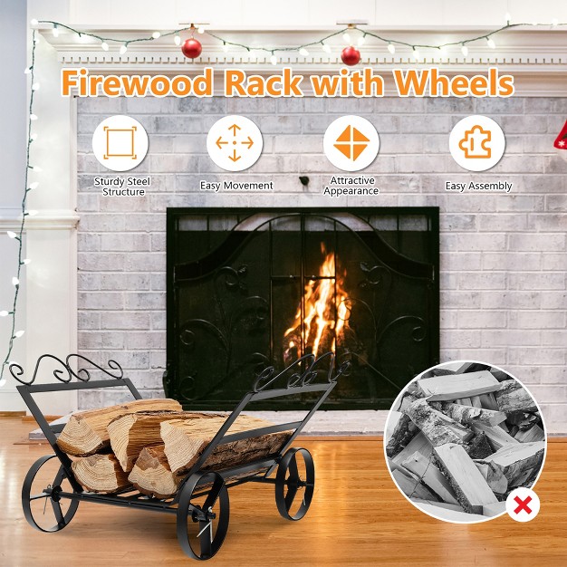 Costway Firewood Storage Rack Steel Fireplace Log Holder W Wheels