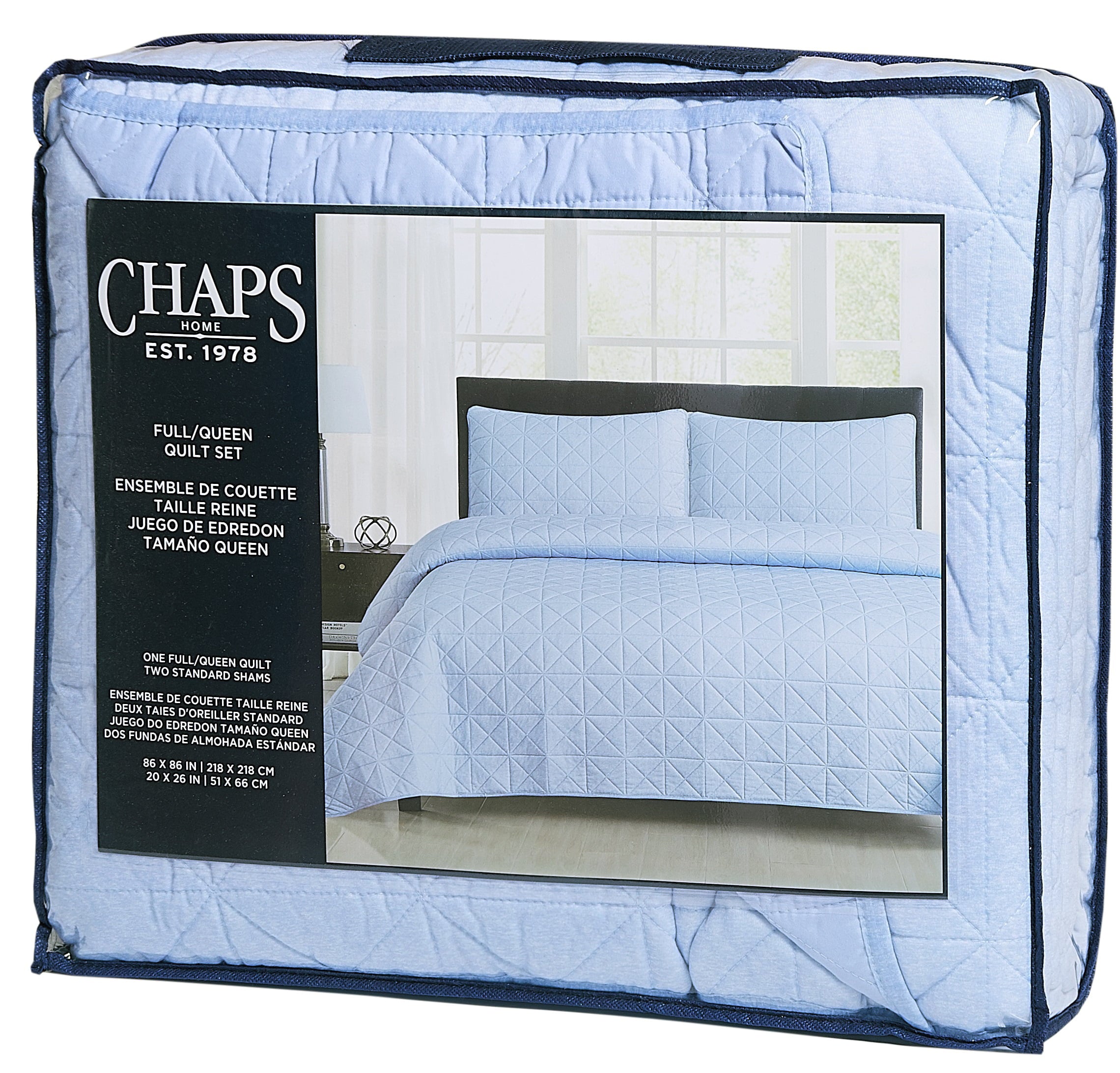 Chaps 3-Piece Jersey Knit Microfiber Quilt and Sham Set - Solid Coverlet Comforter - Blue - Size King 86 x 102