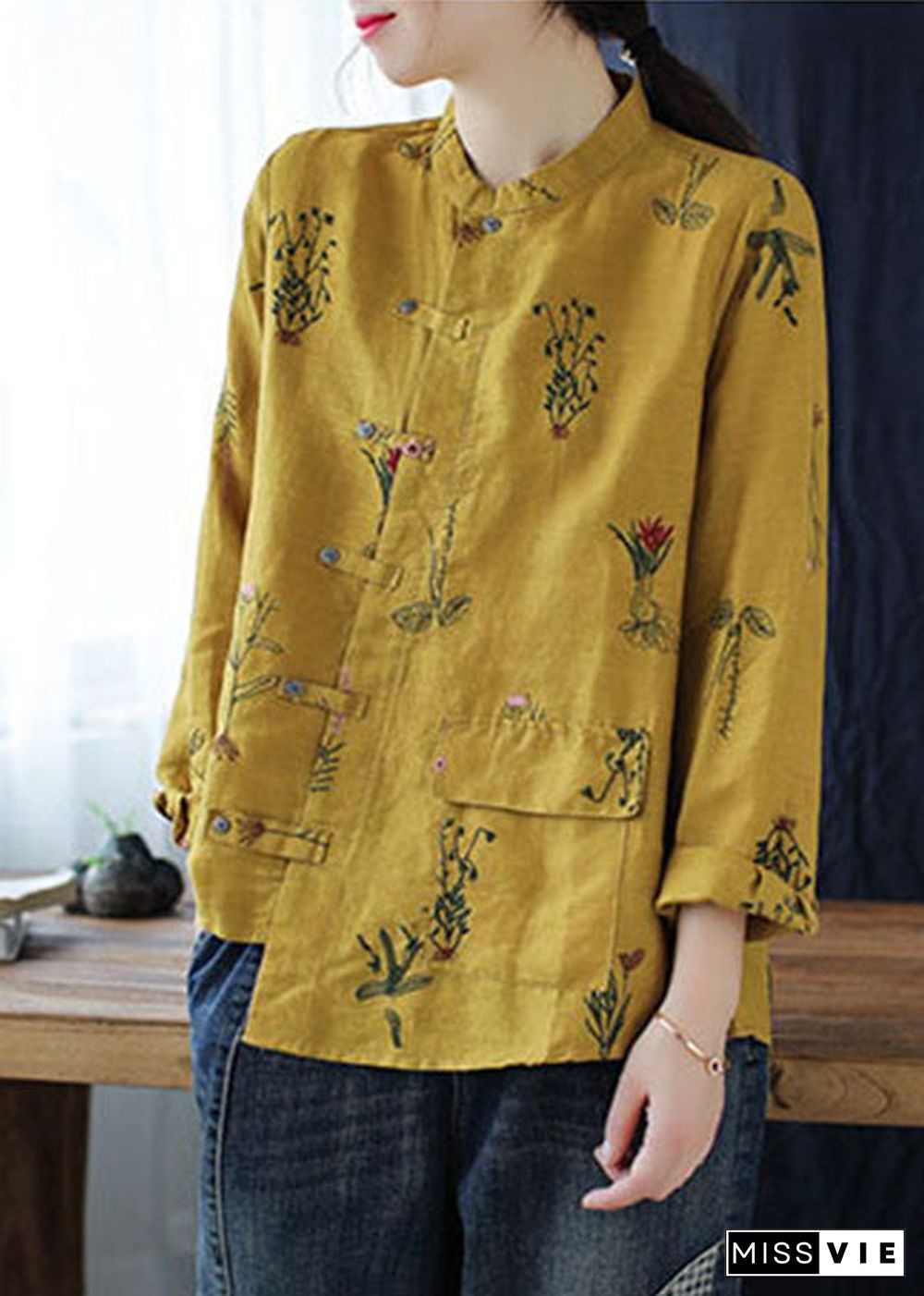 Vintage Yellow asymmetrical design Button Linen Blouses top Long Sleeve