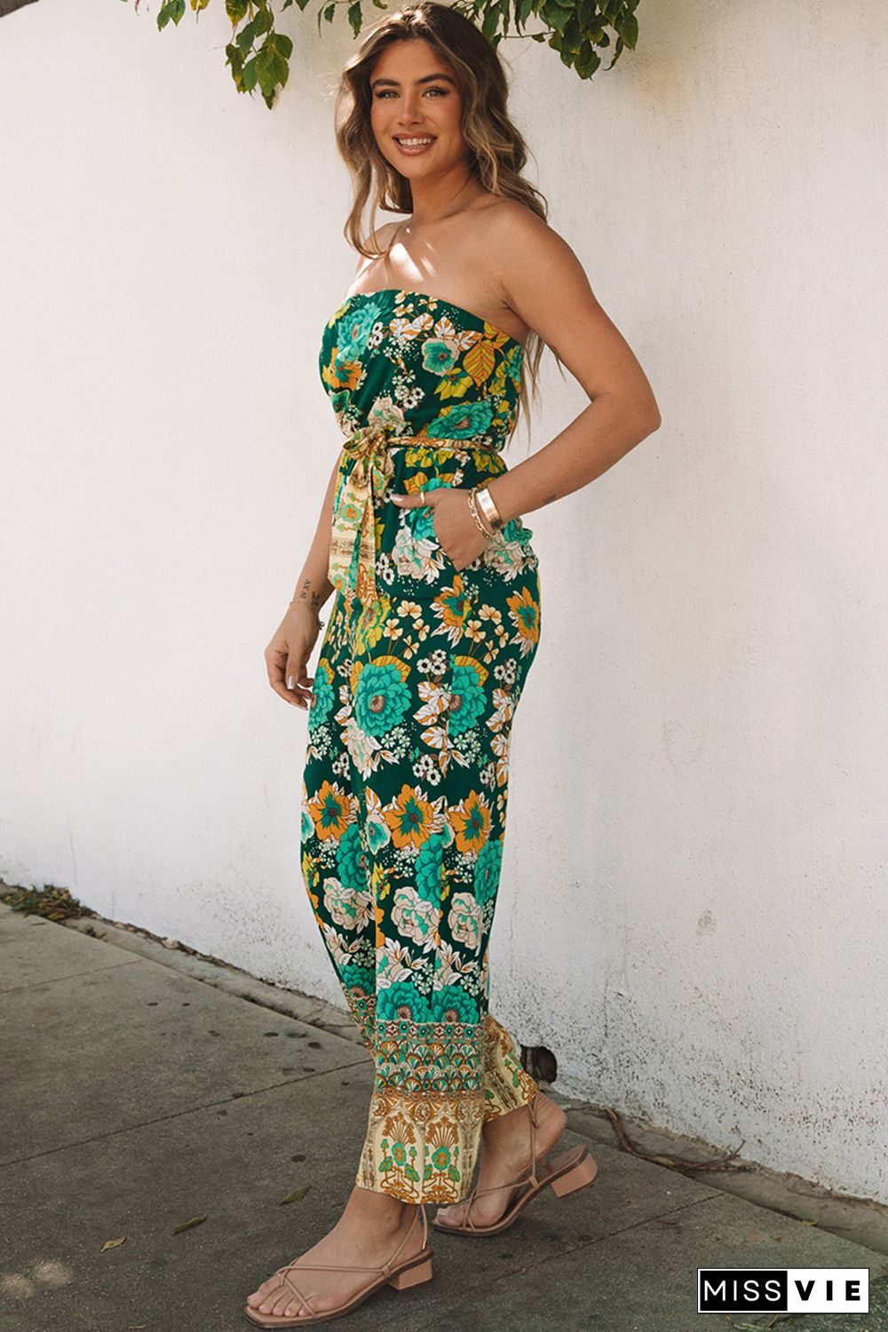 Green Boho Floral Belted Strapless Jumpsuit