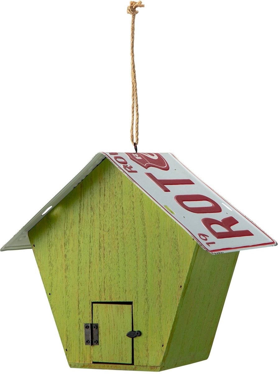 Glitzhome Washed Wood and Metal Birdhouse with Unique Licence Plate Roof