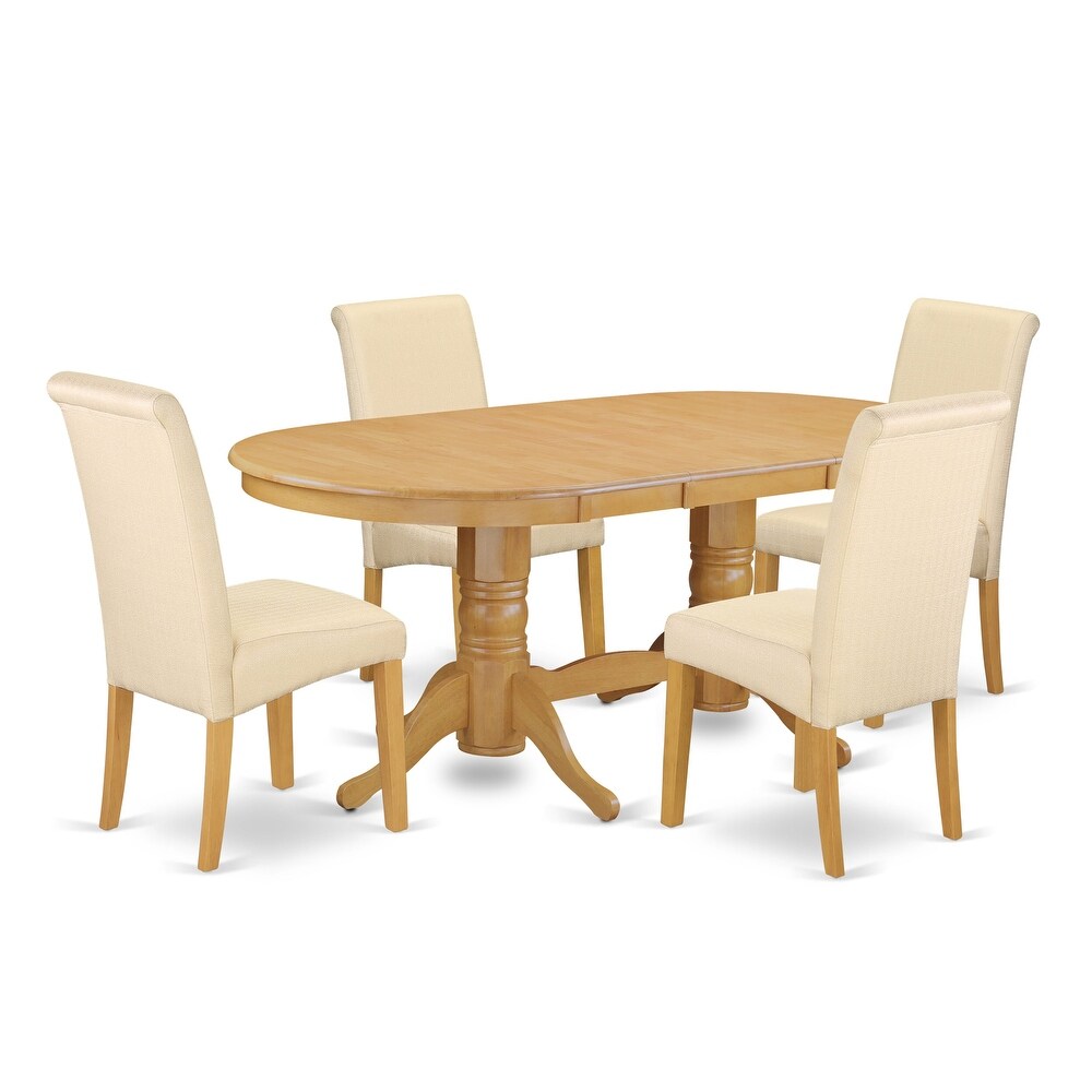 East West Furniture Kitchen Table Set  an Oval Dining Table and Light Beige Linen Fabric Parson Chairs  Oak(Pieces Options)