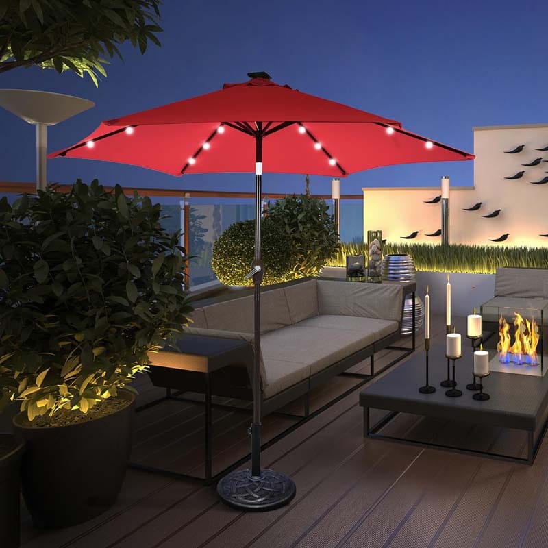 9 FT Tilt Outdoor Patio Umbrella with 18 Solar LED Lights & Crank, Table Umbrella for Pool Deck Backyard