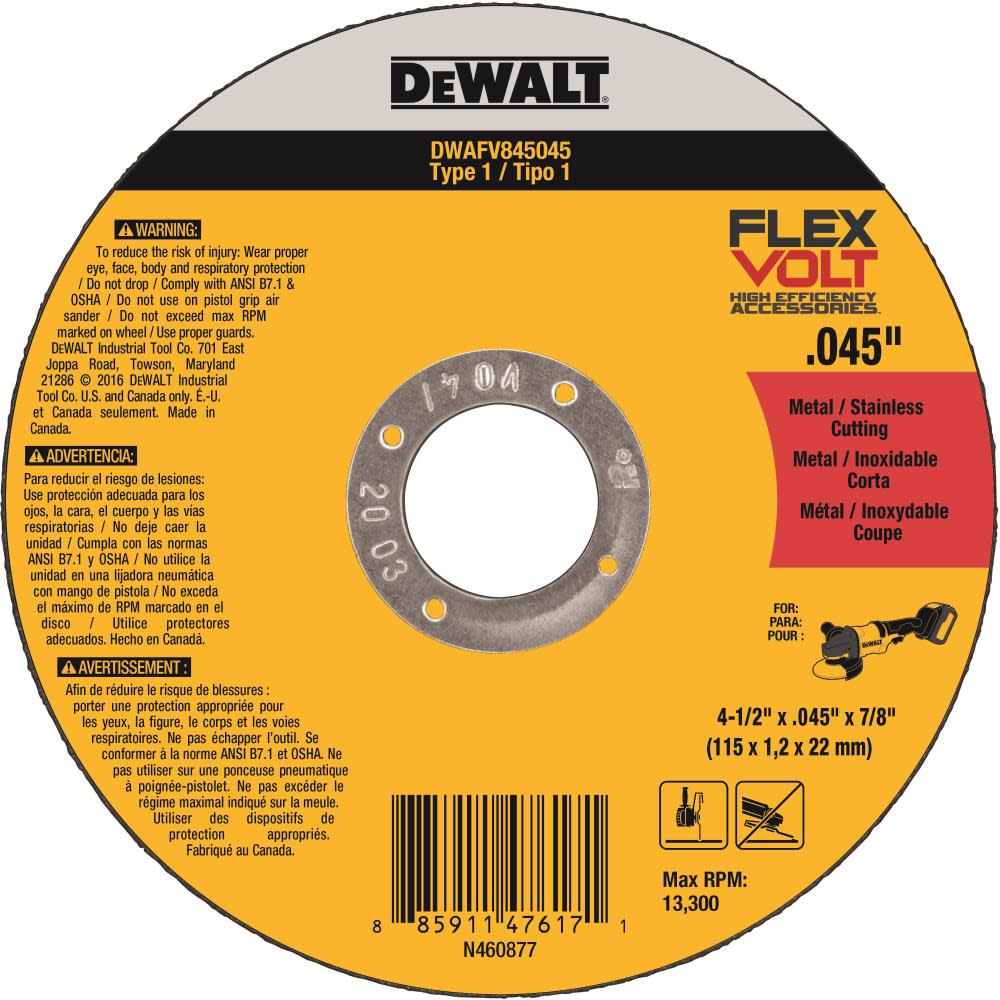 DW FLEXVOLT 4-1/2 In. x .045 In. x 7/8 In. T1 5pk Cutting Wheel DWAFV845045B5 from DW