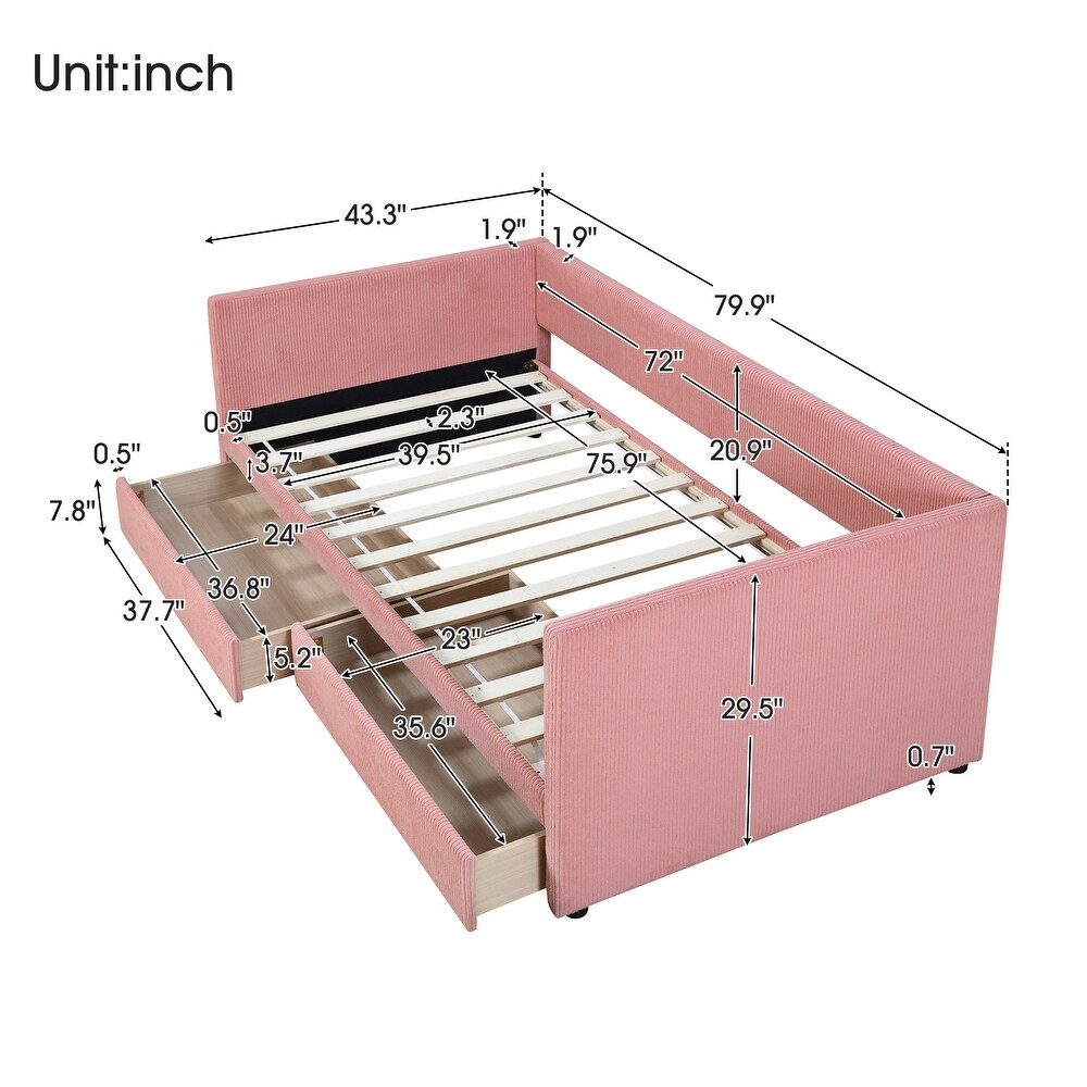 Pink Corduroy tufted Daybed Twin Frame w/ 2 Drawers No Box Spring Needed Wood Slat Support Bed Frame Noble Storage Bed Design