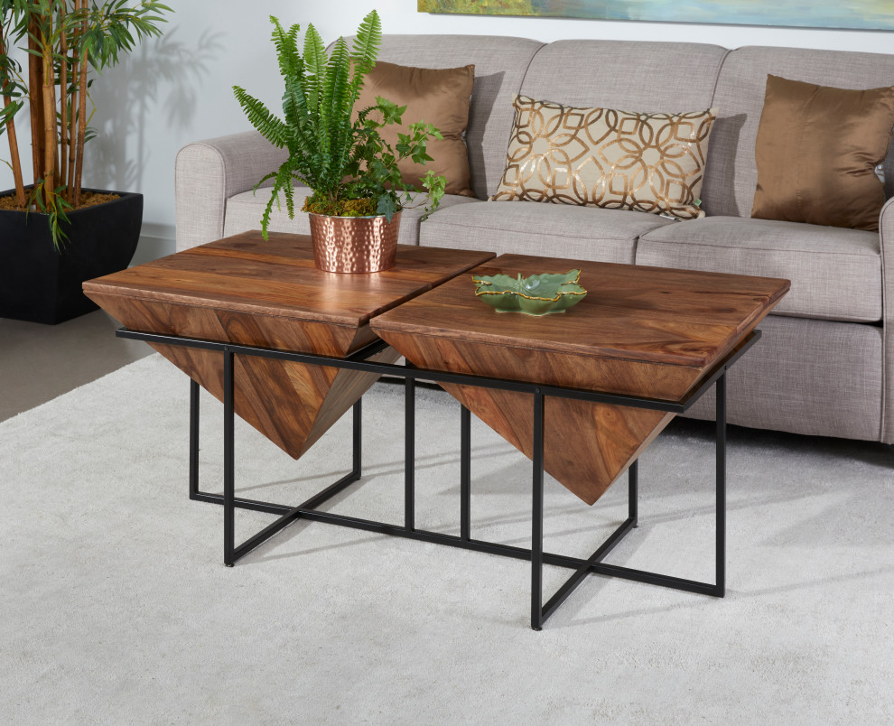 Shep Modern Sheesham Wood Rectangular Pyramid Cocktail Table Black Metal Legs   Industrial   Coffee Tables   by Coast to Coast Imports  LLC  Houzz