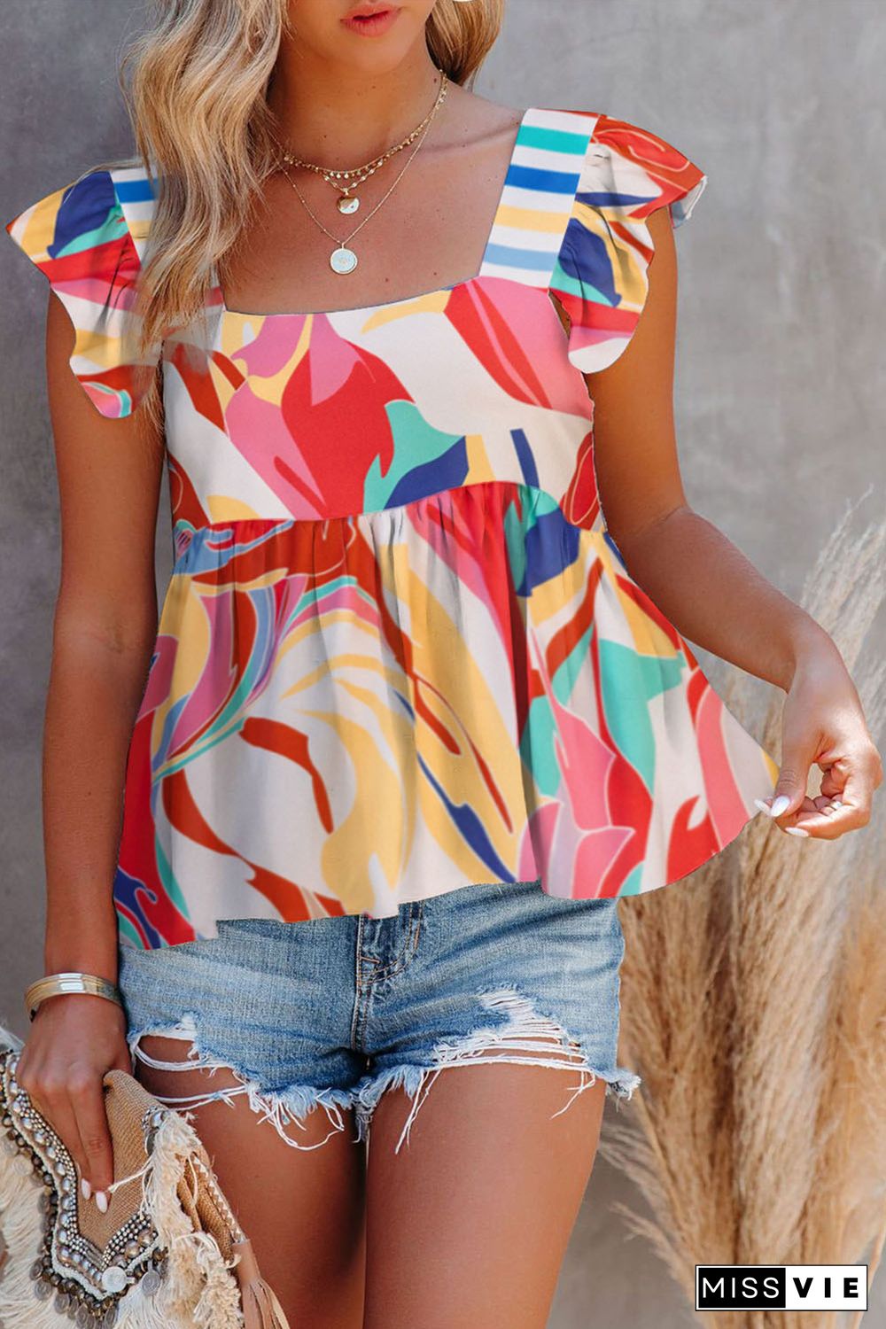 Multicolor Square Neck Abstract Print Tank Top