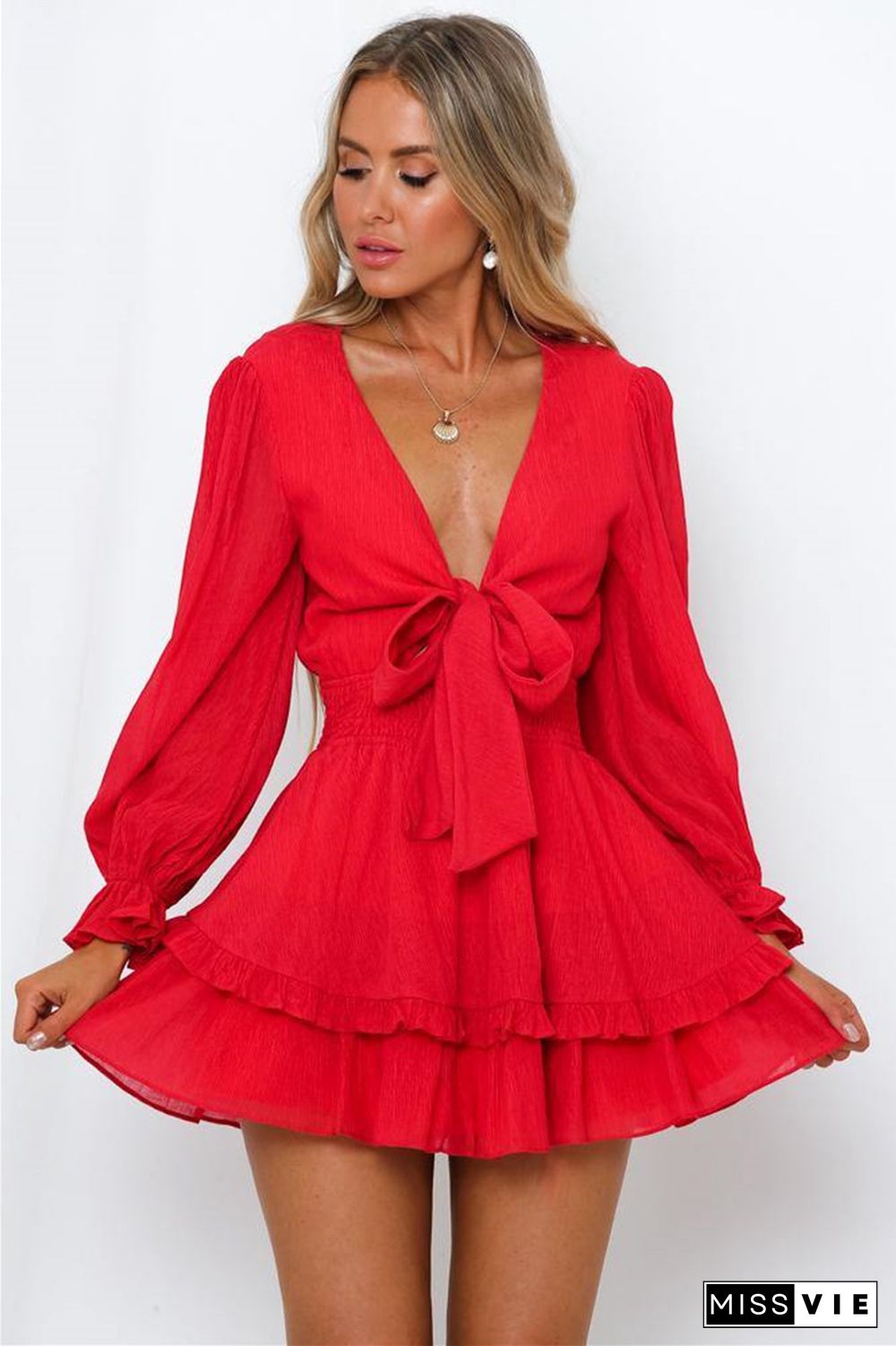 V-Neck Long Sleeve Women's Solid Color Lace-Up Dress