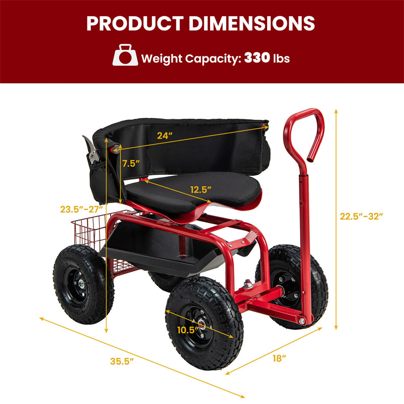 Rolling Garden Cart Height Adjustable Garden Scooter 360 Swivel Workseat with Cushions Tool Tray Storage Basket