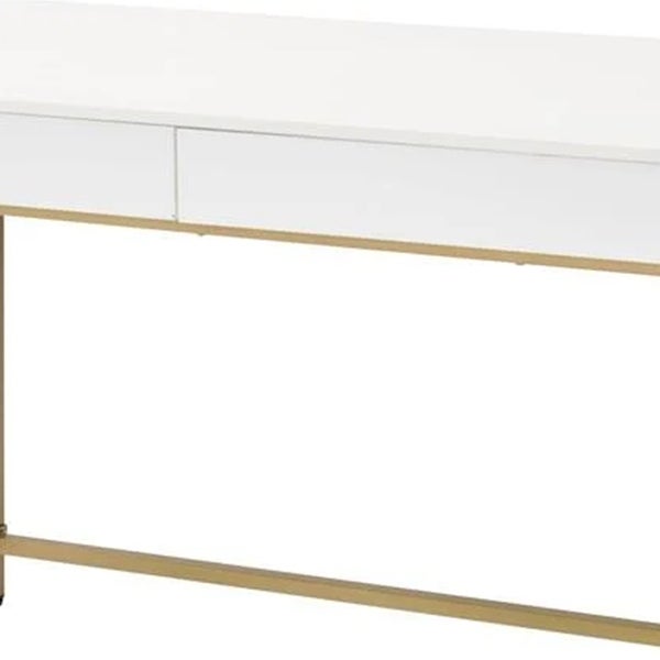 50 Inch Desk Console Table， 2 Drawers， Metal Inverted U Frame， White， Gold