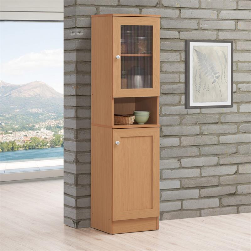 Pemberly Row 63 Tall Slim Open Shelf Plus Top Kitchen Pantry in Beige Wood