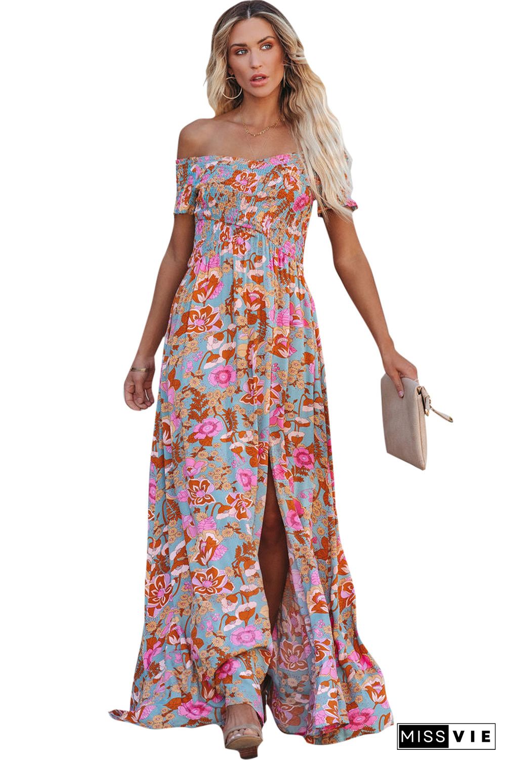 Sky Blue Floral Print Shirred Side Slit Off Shoulder Maxi Dress