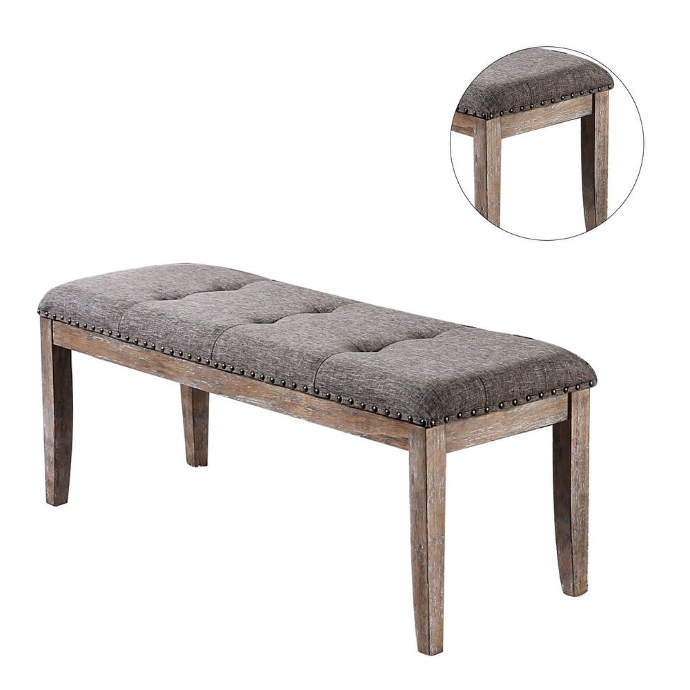 Fabric Upholstered Bench with Nail Head Trims  Brown and Natural