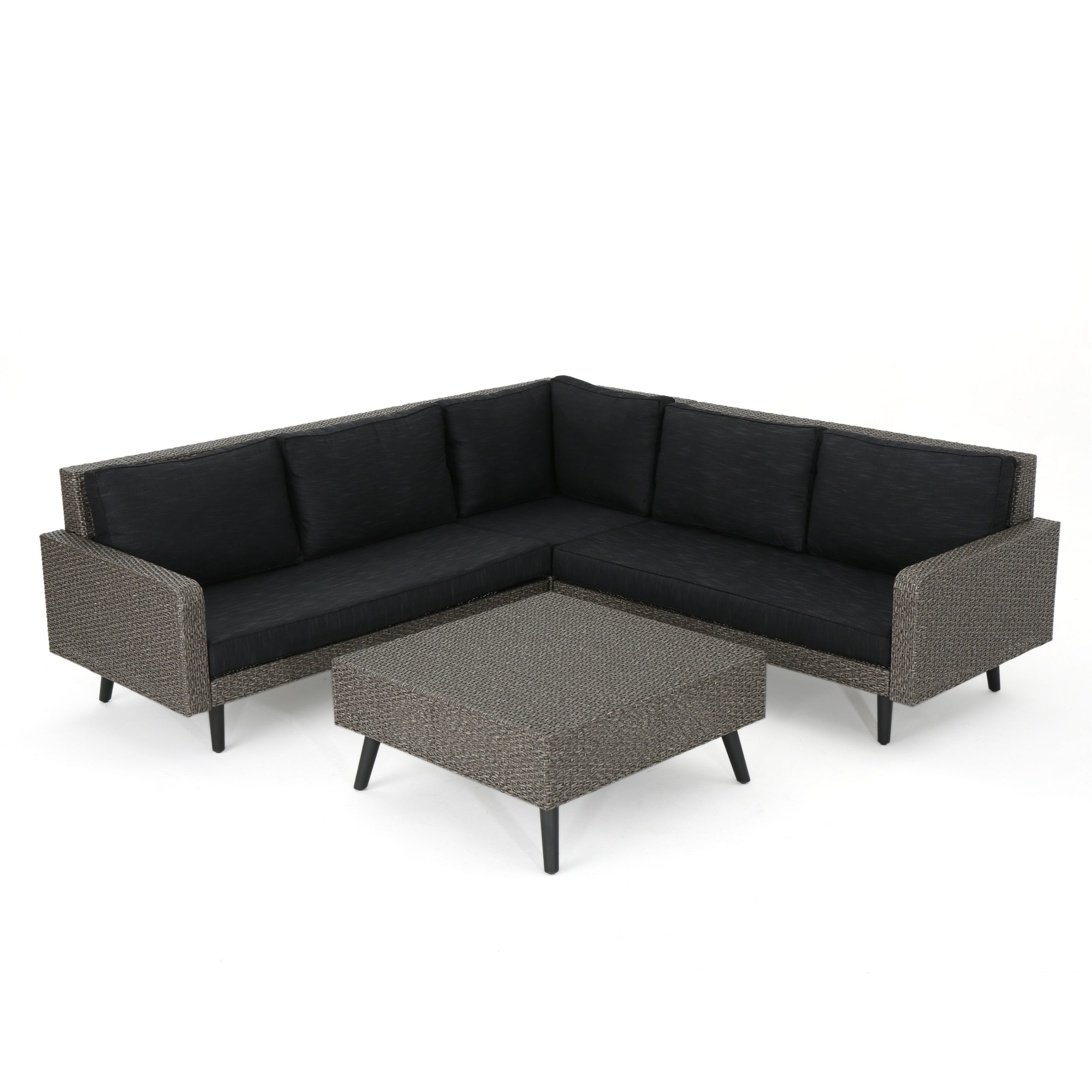 Hensley Outdoor Wicker 5 Seater Sectional Sofa Chat Set with Cushions, Mixed Black and Dark Gray