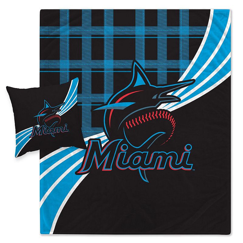 Miami Marlins Plaid Wave Flannel Fleece Blanket and Pillow Combo Set