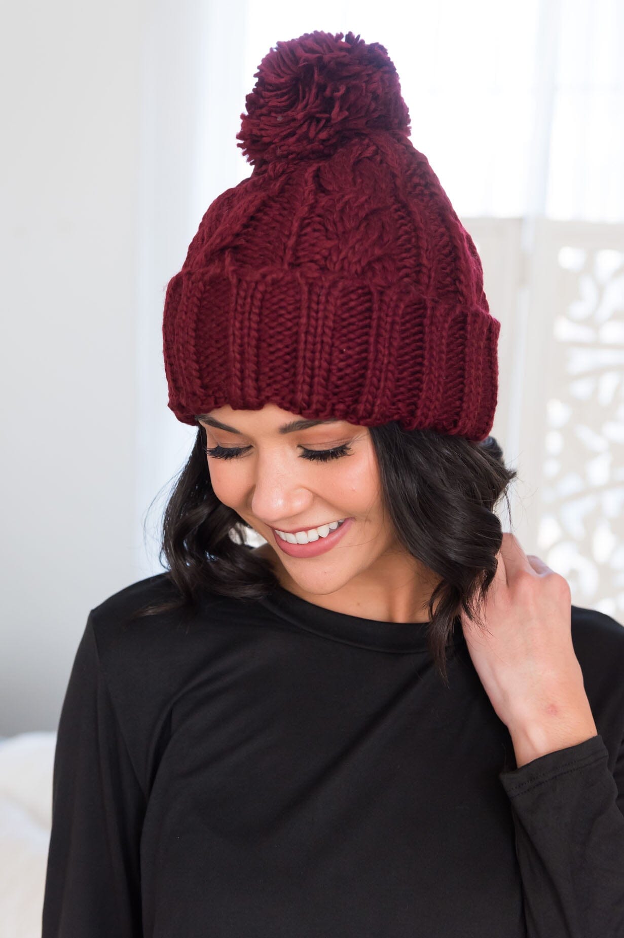 Sit By The Fire Cable Knit Pom Pom Beanie