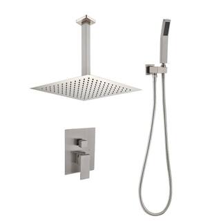 Satico 2-Spray Patterns with 2.5 GPM 12 in. Ceiling Mount Rainfall Dual Shower Heads with Hand Shower Faucet in Brushed Nickel 12SN6006