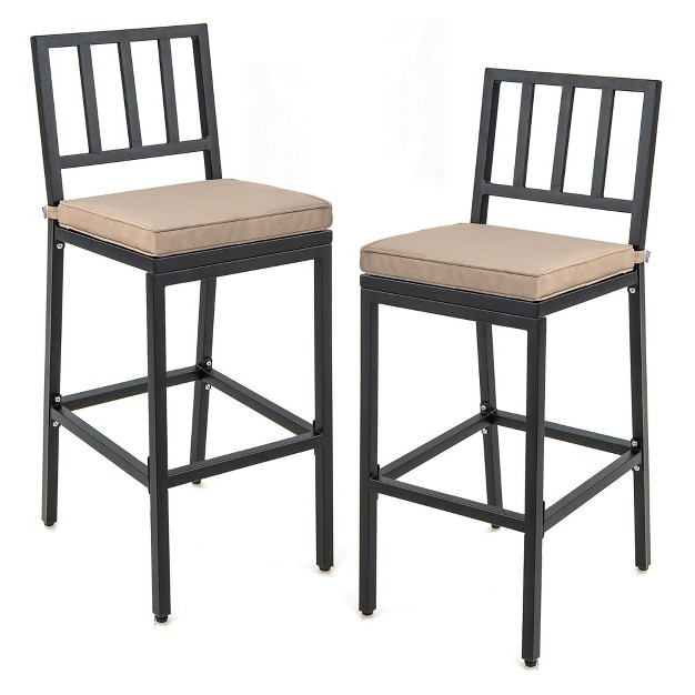 Costway Set Of 2 Patio Metal Bar Stools Outdoor Bar Height Dining Chairs With Cushion