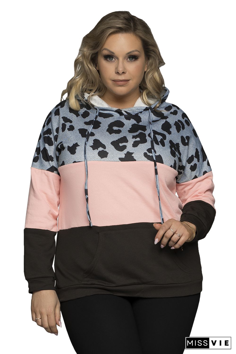 Plus Size Leopard Colorblock Splicing Hoodie with Pocket