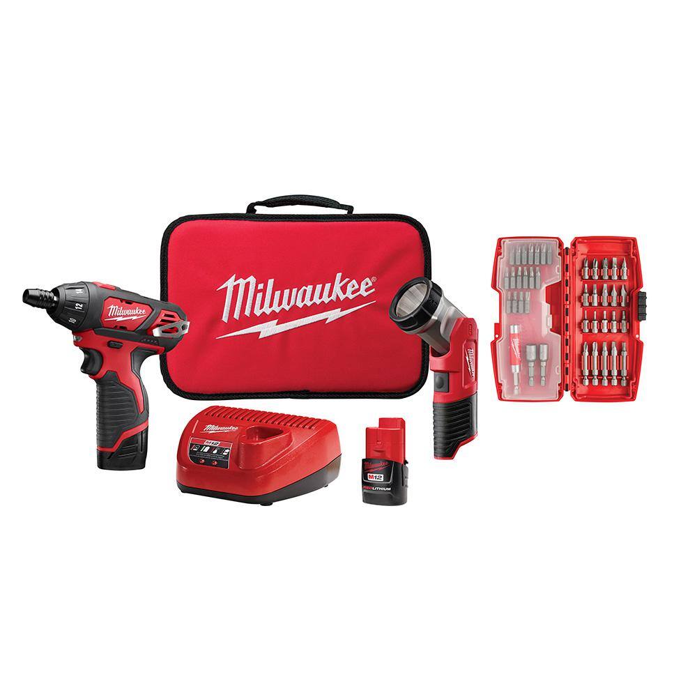 MW M12 12V Lithium-Ion Cordless 14 in. Hex ScrewdriverLED Worklight Kit with (2) 1.5Ah BatteriesBit Set  Bag 2482-22