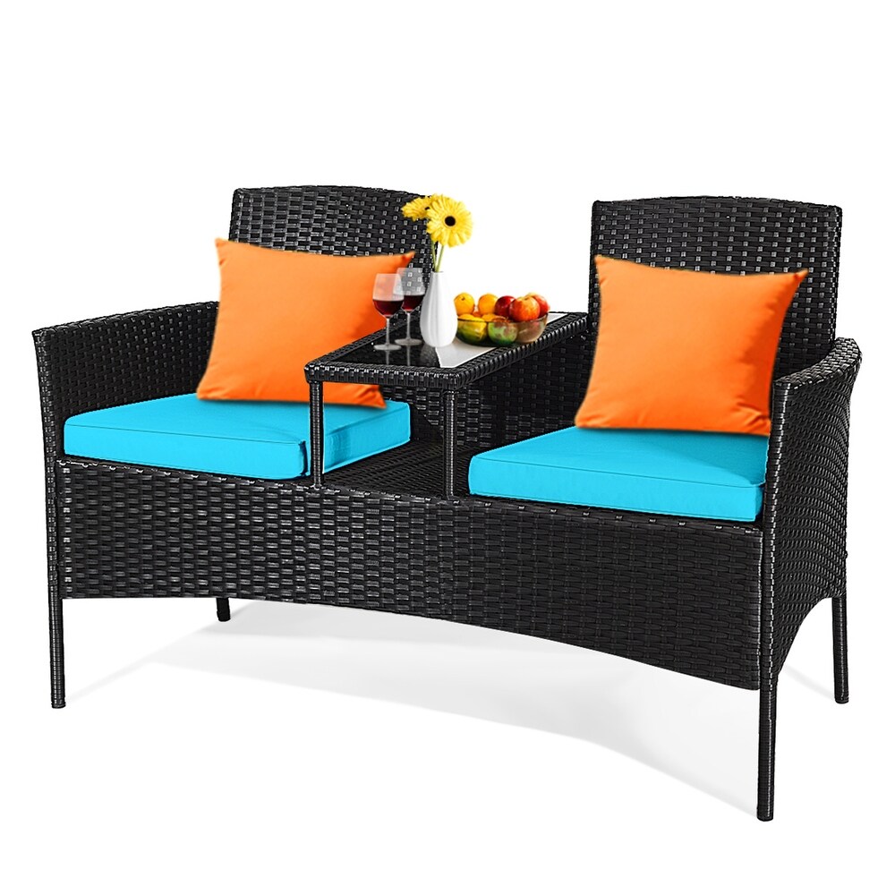 Gymax Rattan Wicker Patio Conversation Set w/ Table Turquoise Cushion   54.5'' x 24'' x 33.5'' (L x W x H)