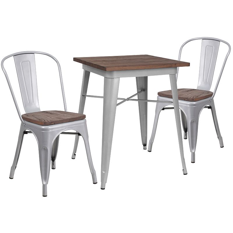 Emma and Oliver 23.5 Square Black Metal/Wood Table Set - 2 Stack Chairs