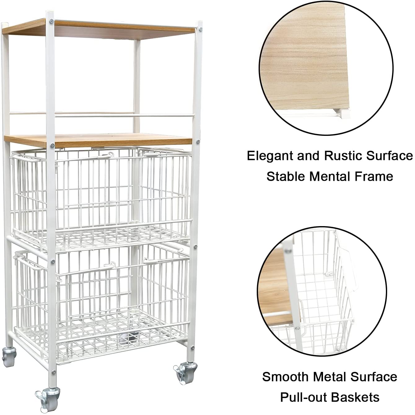 Kitchen Shelves Storage Basket for Organizing Rolling Utility Cart Pantry Unit with Wheels White