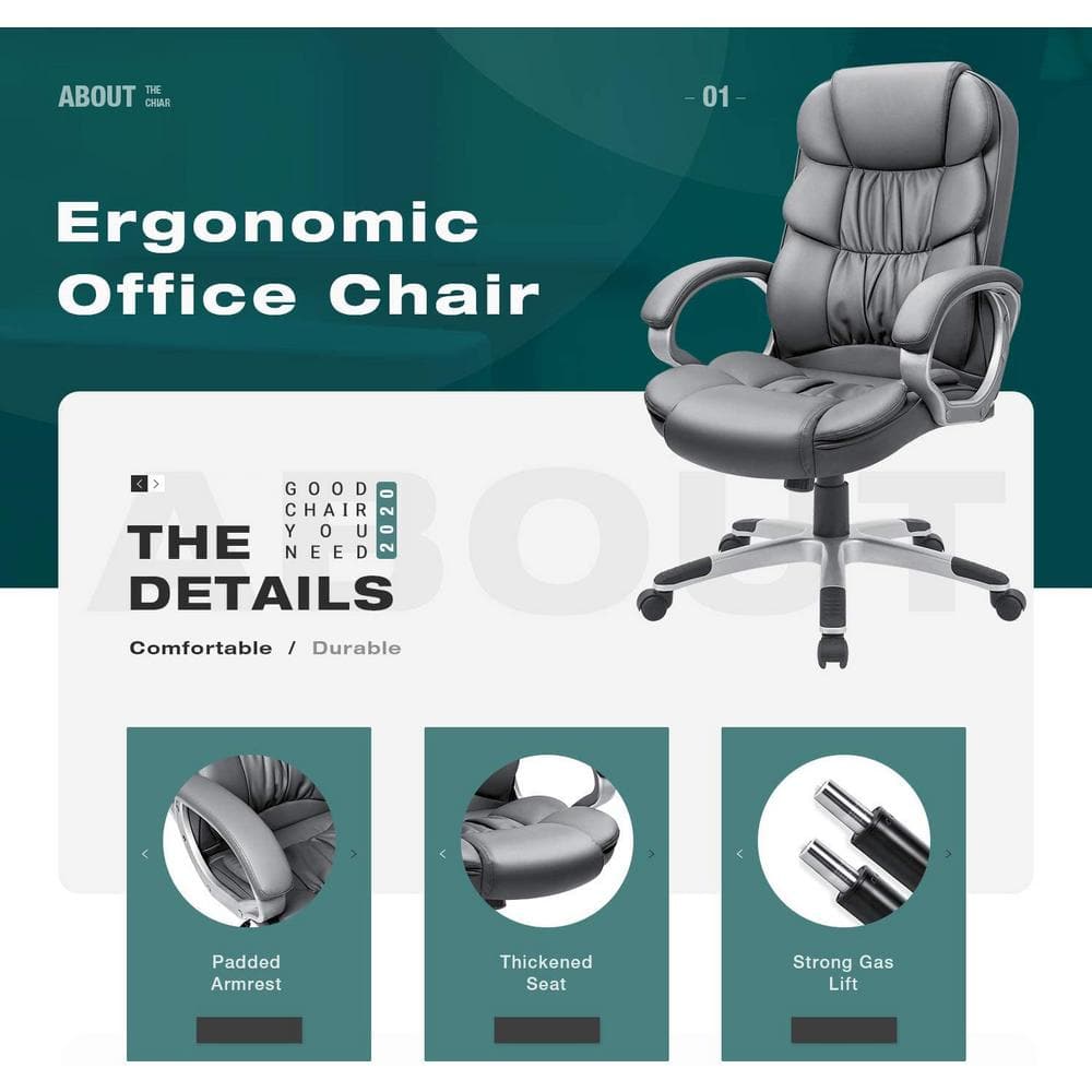 LACOO Gray Big and High Back Office Chair, PU Leather Executive Computer Chair with Lumbar Support T-OCBC8004