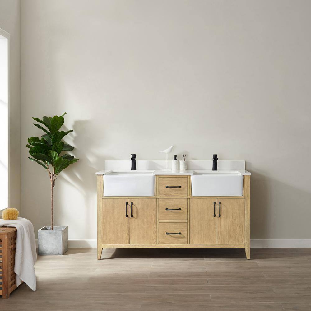 ROSWELL Sevilla 60 in.W x 22 in.D x 33.9 in.H Bathroom Vanity in Washed Ash with White Composite Stone Countertop Without Mirror 897060-WA-WHN