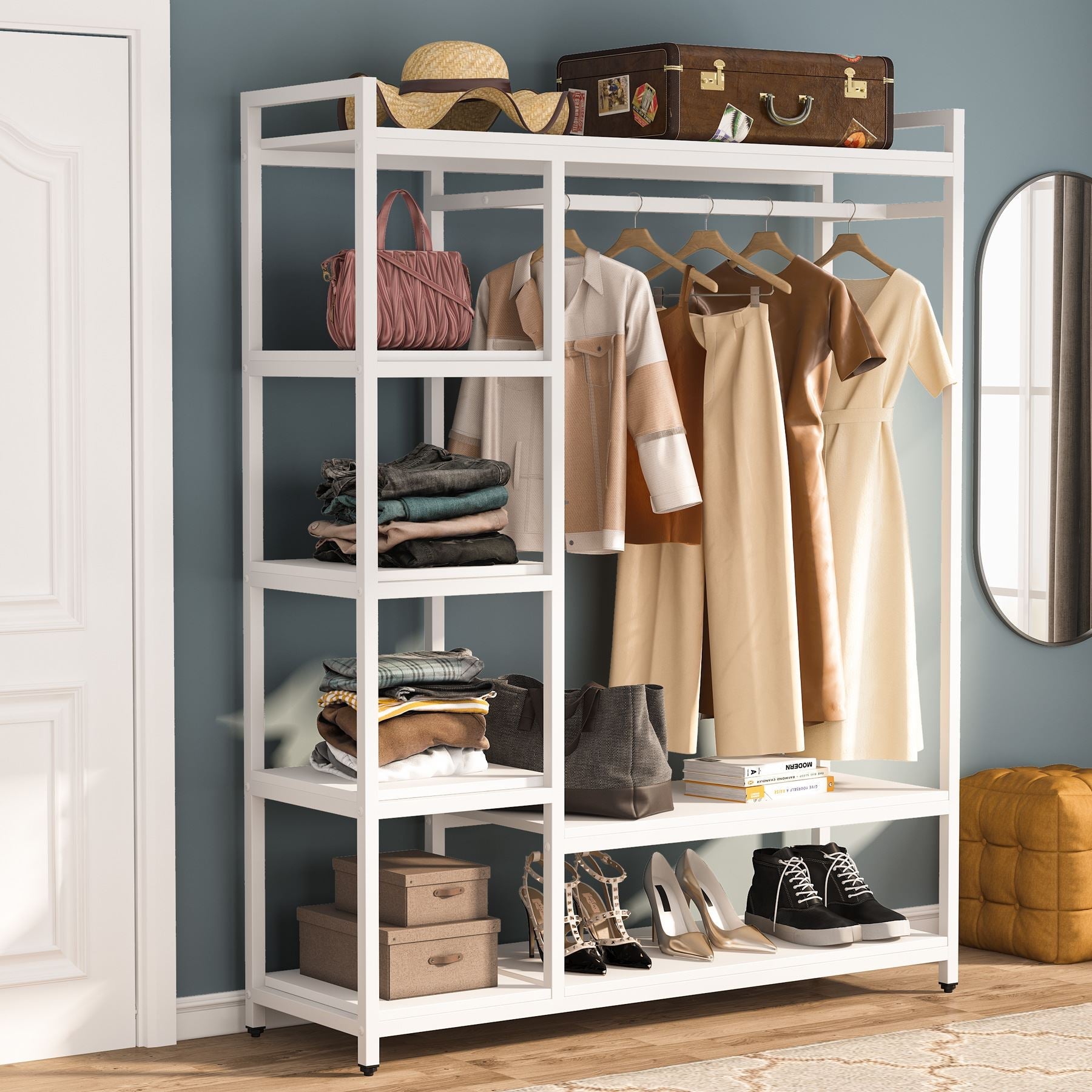 Freestanding Closet Organizer with 6 Shelves and Hanging Bar