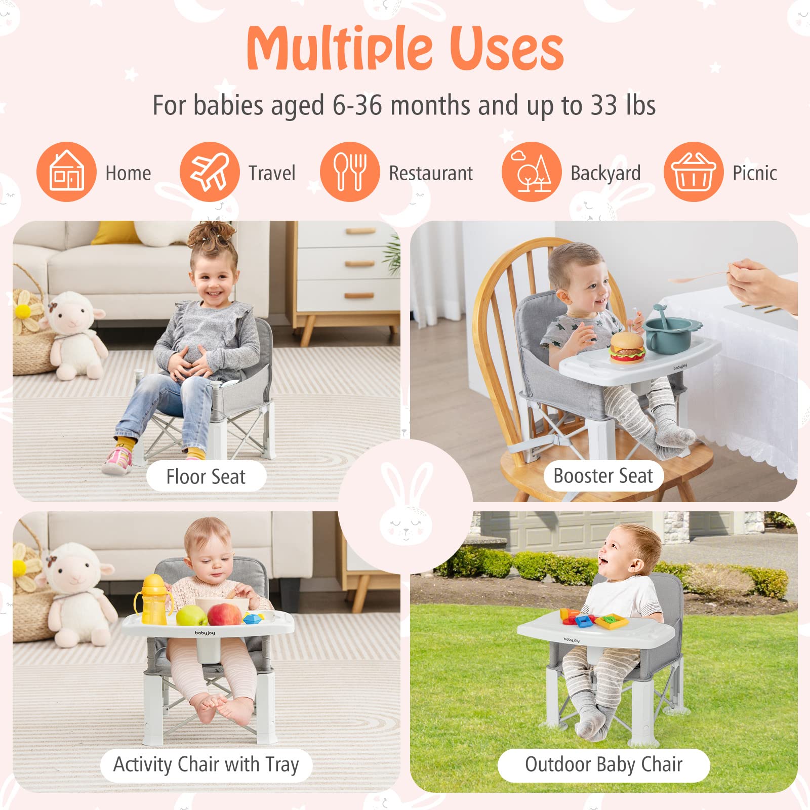 BABY JOY Travel Booster Seat with Double Tray, Folding Portable High Chair Booster Seat for Dining Table