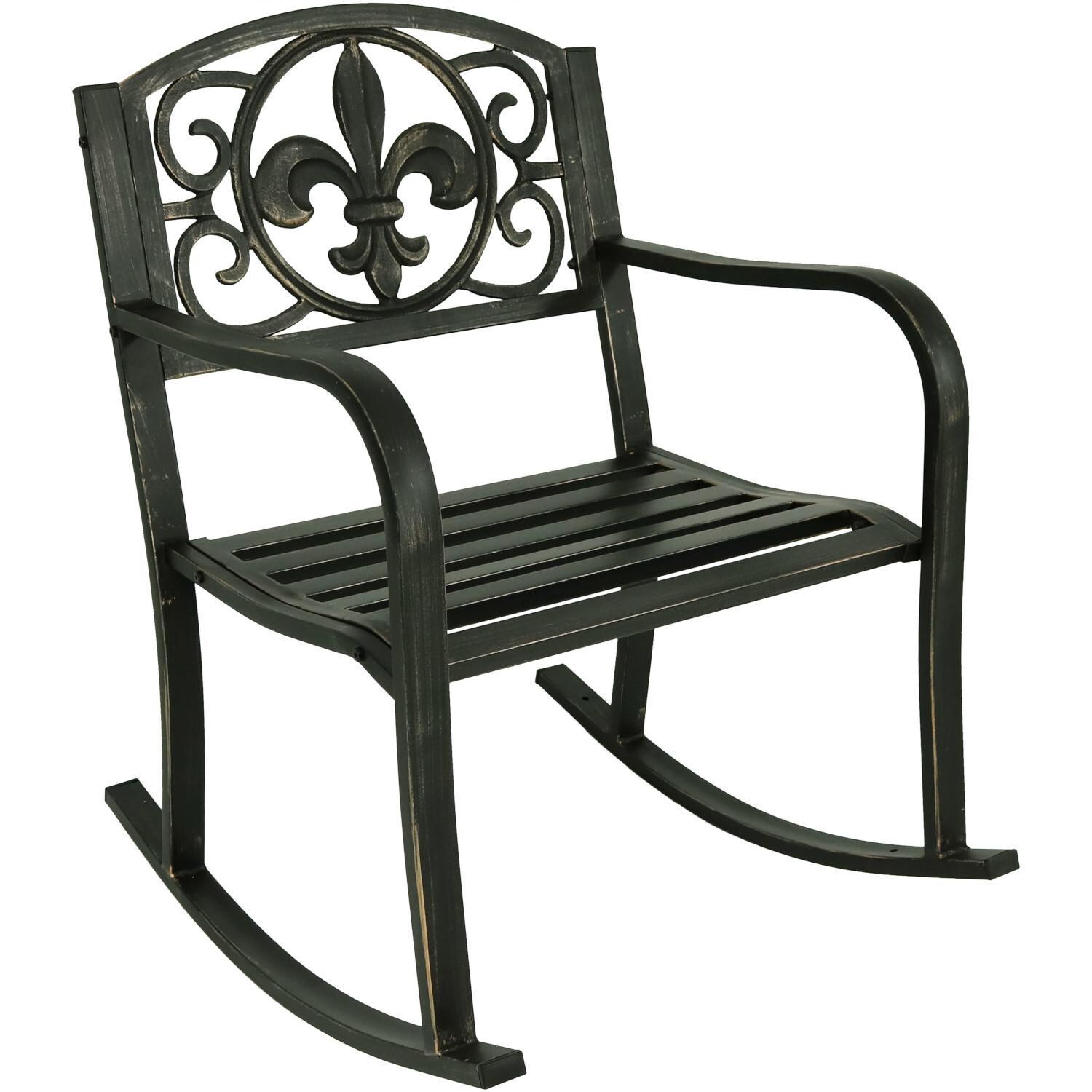 Ultimate Patio Cast Iron and Steel Patio Rocking Chair W/ Fleur-De-Lis Design