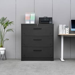 Tatahance 3-Drawer Black Metal Steel Lateral Filing Cabinet with Large Deep Drawers Locked by Keys W25262864-Z