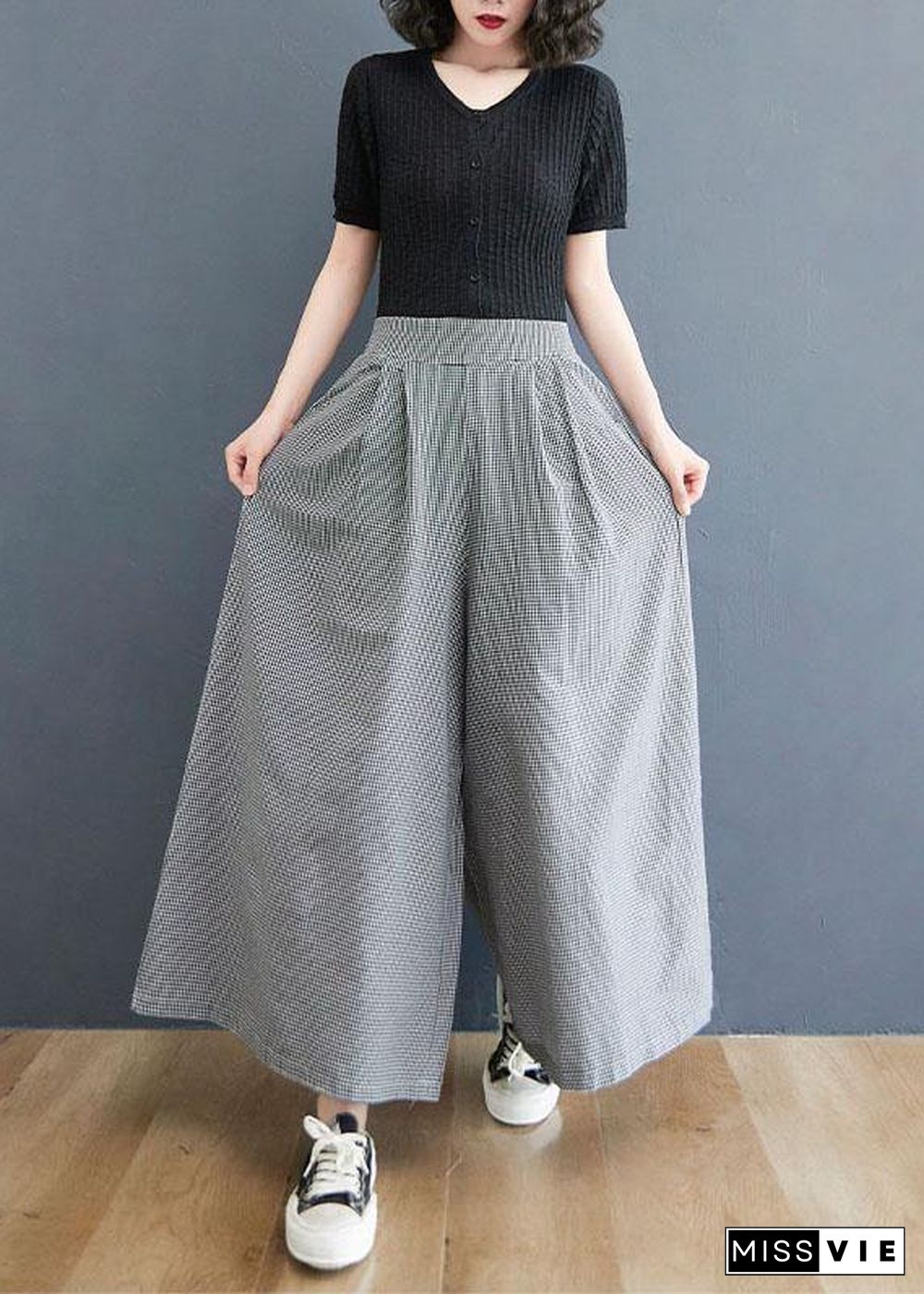 Boutique Small grid pockets Wide Leg Summer Cotton Linen Pants