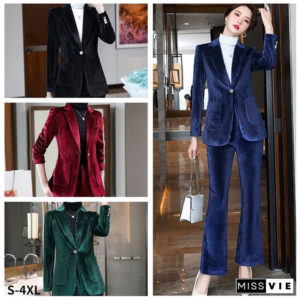 Women Velvet Blazer Jacket Trousers Bell-Bottoms Set Coat Flare Pants Office Striped Outfits Business Formal Suit