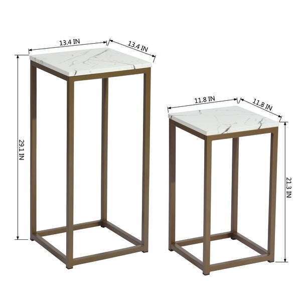 Set of 2 End Table Set， Square Side Tables， Marble panel and Gold frame