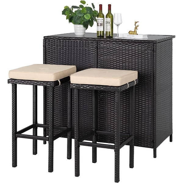 Outdoor 3Piece Black Brown Wicker Bar Set w/ Storage Shelves