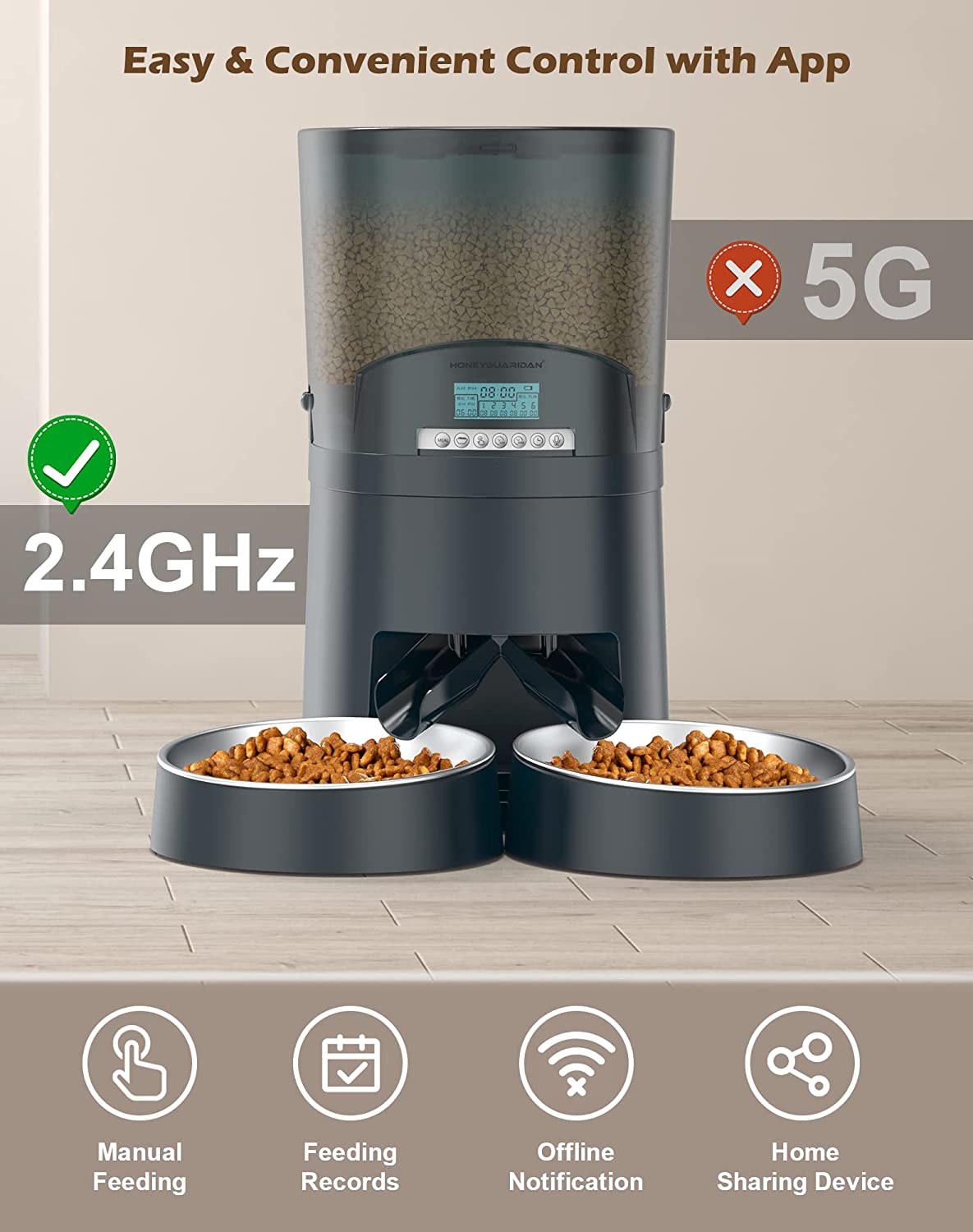 Automatic Cat Feeders 2 Cats 6.5L， 2.4G WiFi Smart Pet Feeder with APP Control for Cats and Dogs Dry Food Dispenser with 2 Stainless Steel Bowl， Desiccant Bag， 10s Voice Recorder