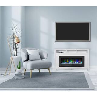 Hanover Winchester 57.8 in. Freestanding Electric Fireplace TV Stand in White and with Black Driftwood Log Display FS5735-2BWT