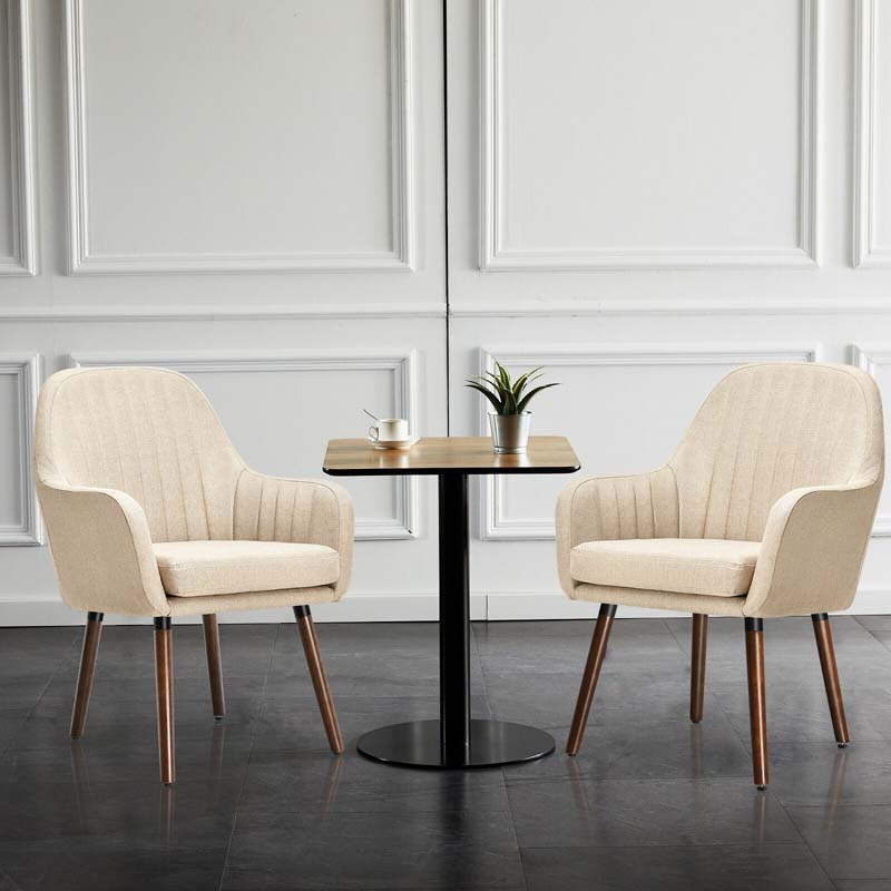 Set of 2 Fabric Dining Chairs, Accent Upholstered Arm Chair with Rubber Wood Legs, Thick Sponge Seat