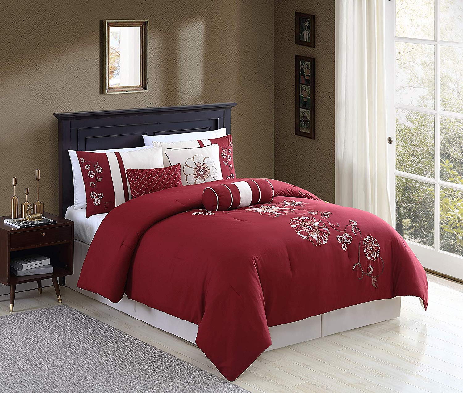 Chezmoi Collection Miranda 7-Piece Floral Hibiscus Embroidered Comforter Set