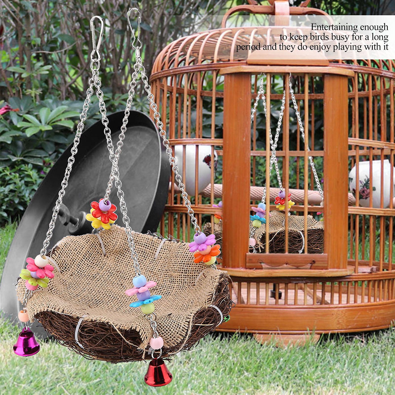 Rattan Nest Bird Hanging Nest Toy With Bells Bird Swing Standing Perch Toy Cage Hammock(l)