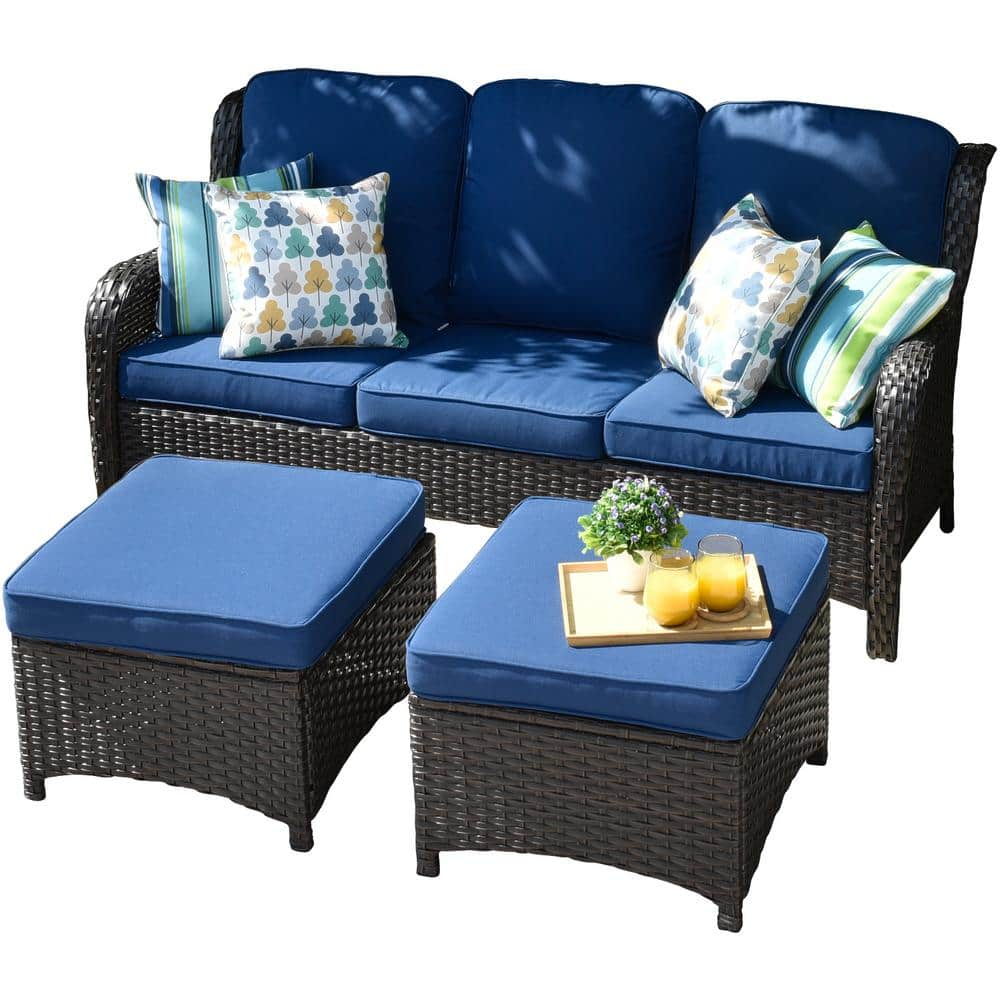 OVIOS Joyoung Brown 3-Piece Wicker outdoor Patio Sectional Conversation Seating Set with Navy Blue Cushions YJNTC7021