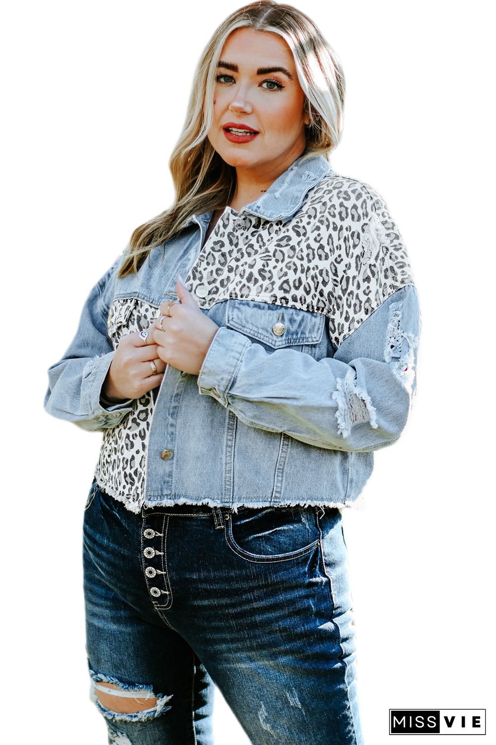 Sky Blue Plus Size Leopard Ripped Cropped Denim Jacket