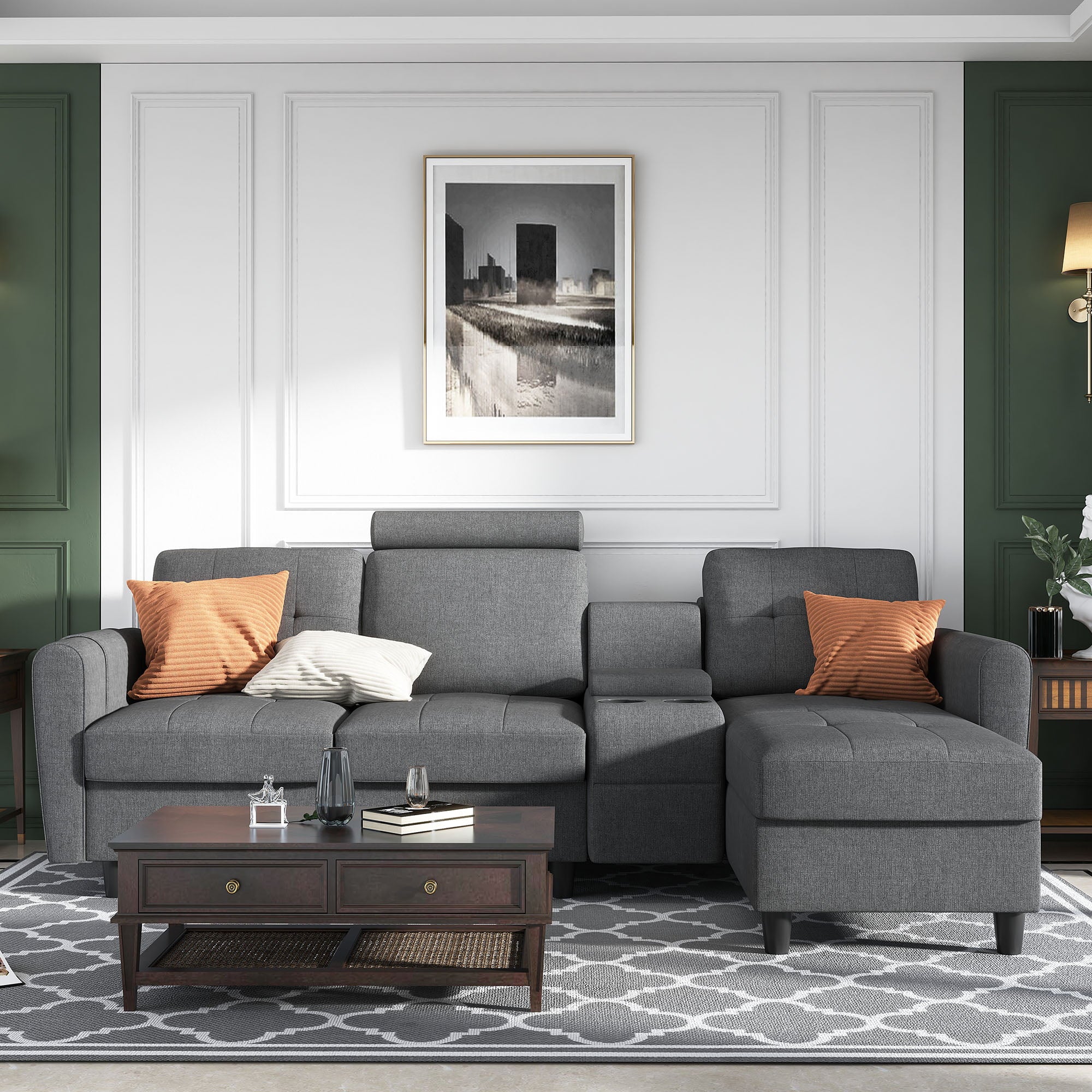 HONBAY Reversible Sectional Sofa Modern Upholstered L Shaped Couch with Cup Holders & Storage Console for Living Room, Grey